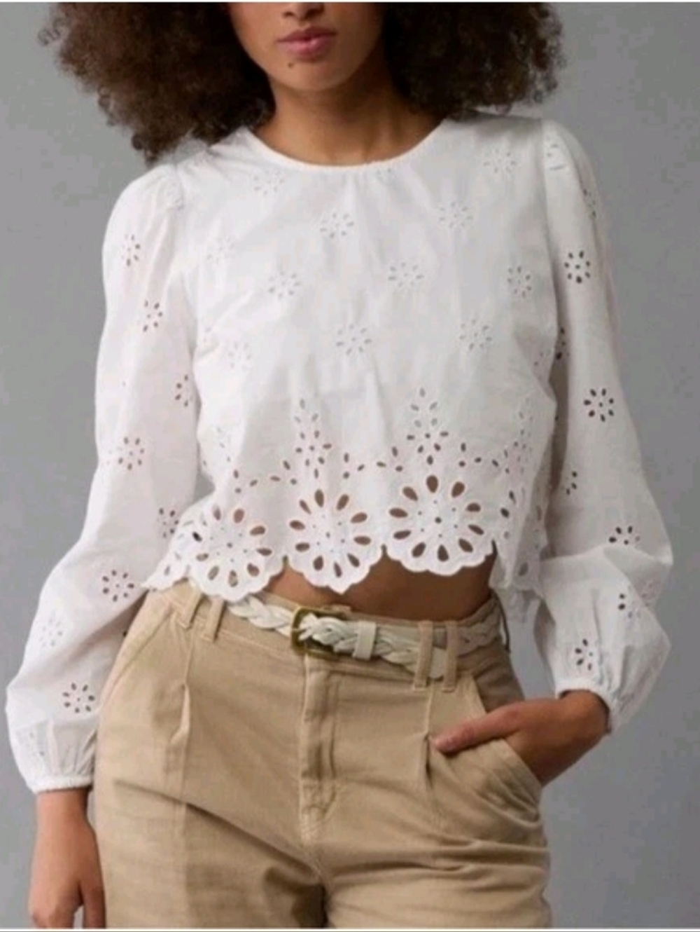 American Eagle White Eyelet Embroidery Balloon Long Sleeve Boho Cottage Top SZ L